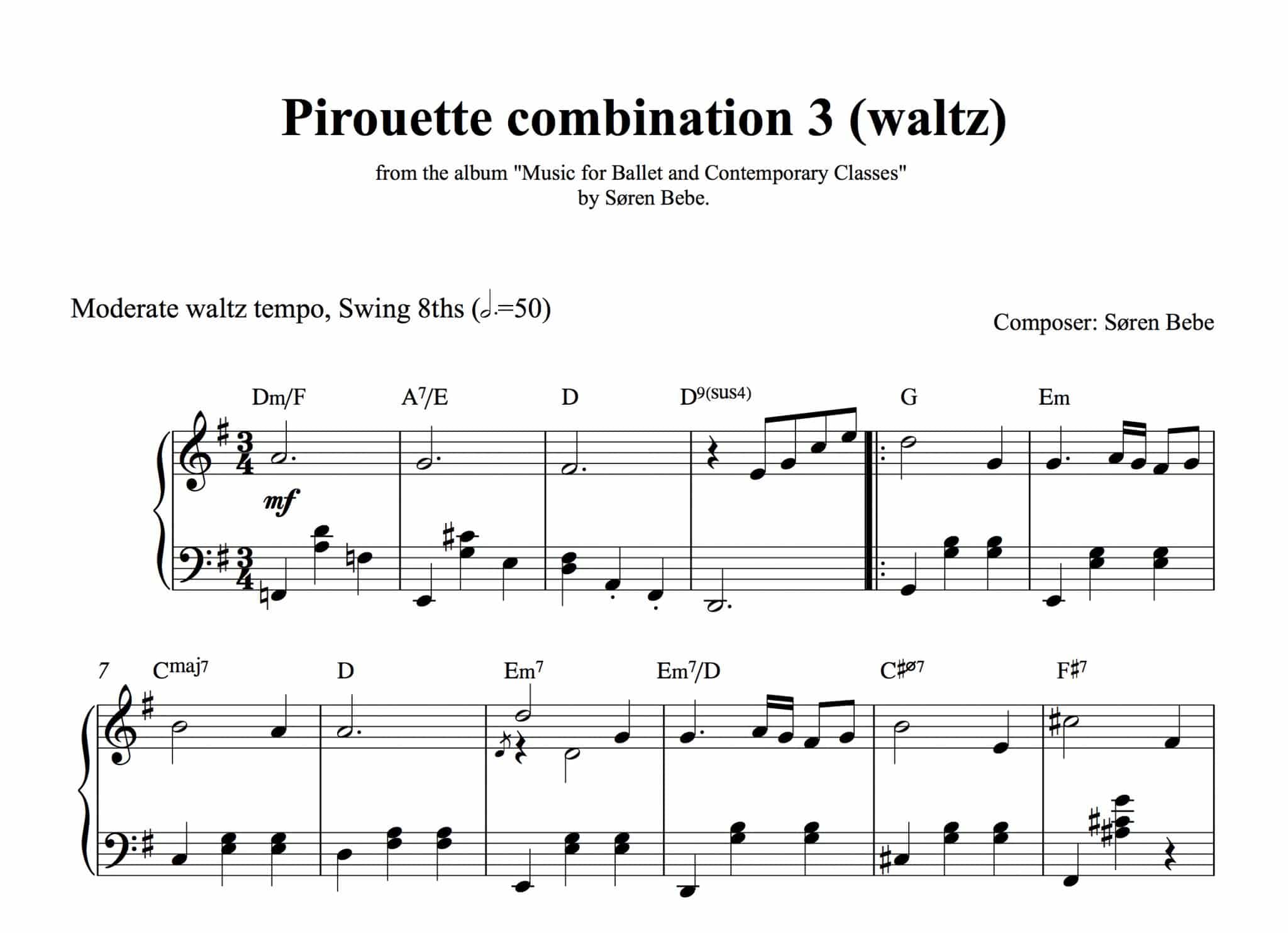 Sheet Music for "Music for Ballet &amp; Contemporary Classes" by Søren Bebe