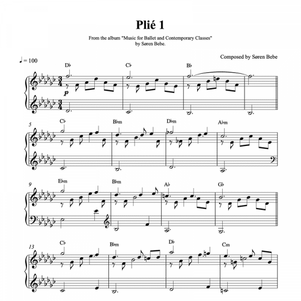 piano sheet music for a plié ballet class exercise by composer søren bebe