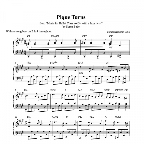 piano sheet music for pique turns to use in ballet classes