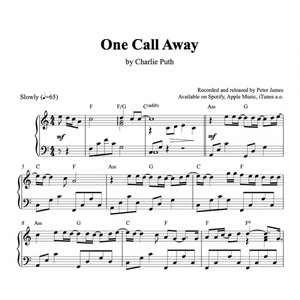 piano sheet music for one call away by charlie puth