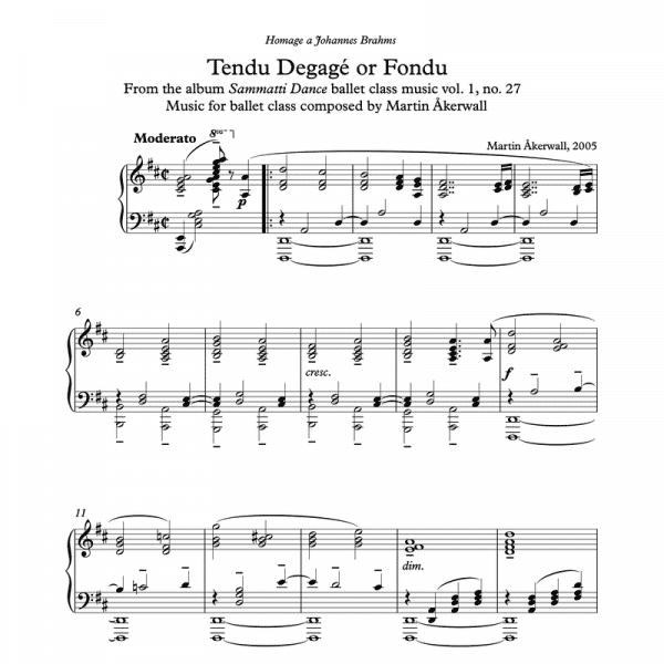 ballet class piano sheet music for a tendu degage or fondu exercise by composer Martin Akerwall