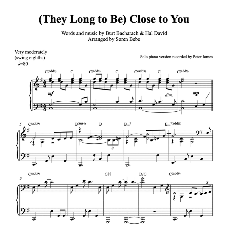 (They Long to Be) Close to You - Solo Piano Sheet Music (PDF)