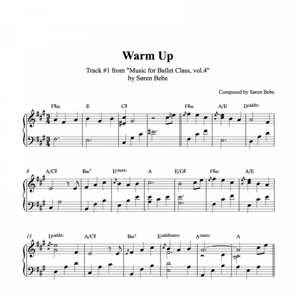 "Warm Up" - Piano sheet music for ballet class from "Music for Ballet Class, Vol.4" by Søren Bebe (2 pages PDF)