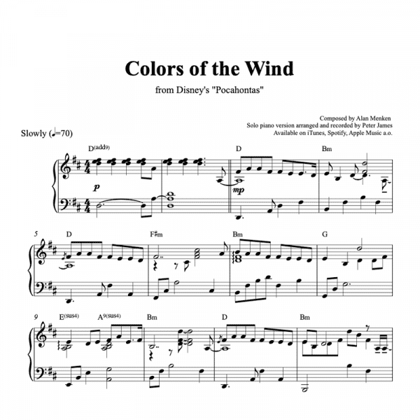 piano sheet music preview for colors of the wind from disneys pocahontas