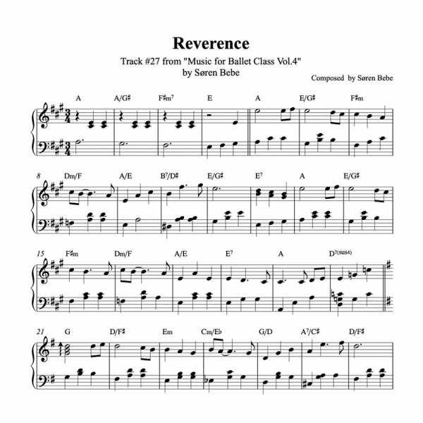 "Reverence" – Piano sheet music for ballet class - from "Music for Ballet Class, vol.4" by Søren Bebe (PDF)