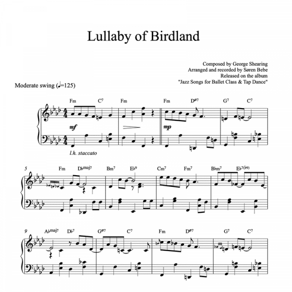 piano sheet music for lullaby of birdland by george shearing pdf download