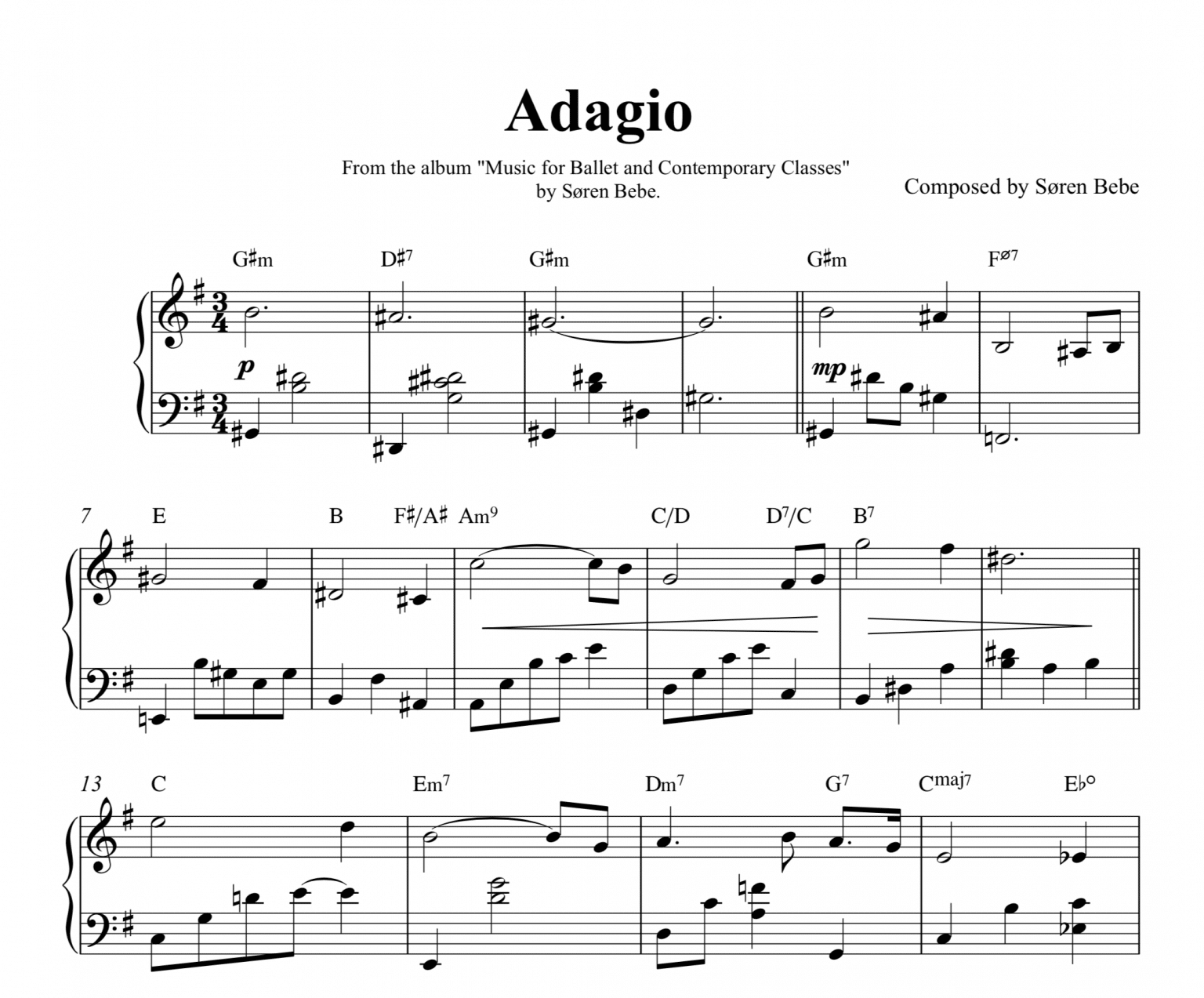Sheet Music for "Music for Ballet &amp; Contemporary Classes" by Søren Bebe