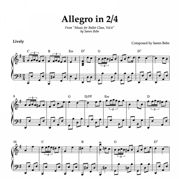 ALLEGRO IN 2/4 | Ballet Class Sheet Music | From "Music for Ballet Class, Vol.6" by Søren Bebe (PDF)