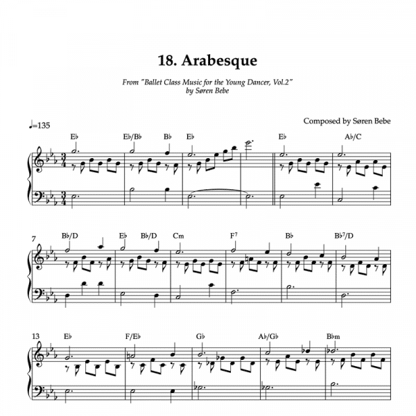 ARABESQUE | Piano Sheet Music for Children's Ballet Classes | From "Ballet Class Music for the Young Dancer, Vol.2" by Søren Bebe (PDF)