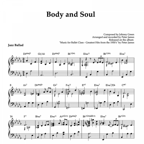 piano sheet music for Body and Soul piano arrangement for ballet class plie exercise