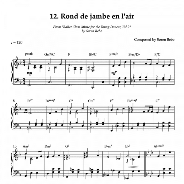 Rond de jambe en l'air piano sheet music for children's ballet class pdf