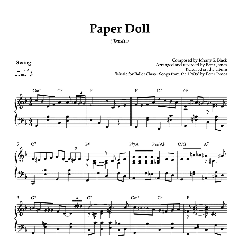 Paper Doll (Tendu)  Piano Sheet Music for Ballet Classes (PDF)