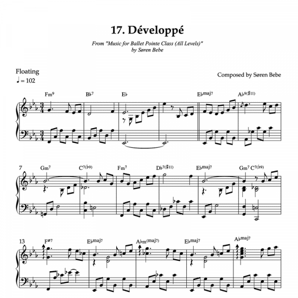 piano sheet music for développé ballet pointe class exercises