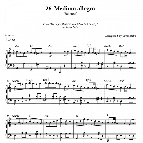 piano score for medium allegro ballet class exercises like ballonné