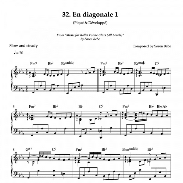 piano sheet music for pique en diagonale ballet pointe class exercise