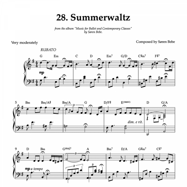 Summer Waltz | Piano Sheet Music (PDF) | from "Music for Ballet & Contemporary Classes" by Søren Bebe