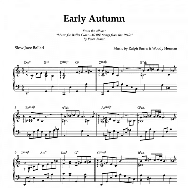piano solo sheet music of Woody Herman's "Early Autumn" arranged for a ballet class adagio exercise