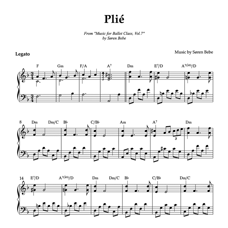 Plié (PDF sheet music)  Music for Ballet Class Vol.7 by Søren Bebe