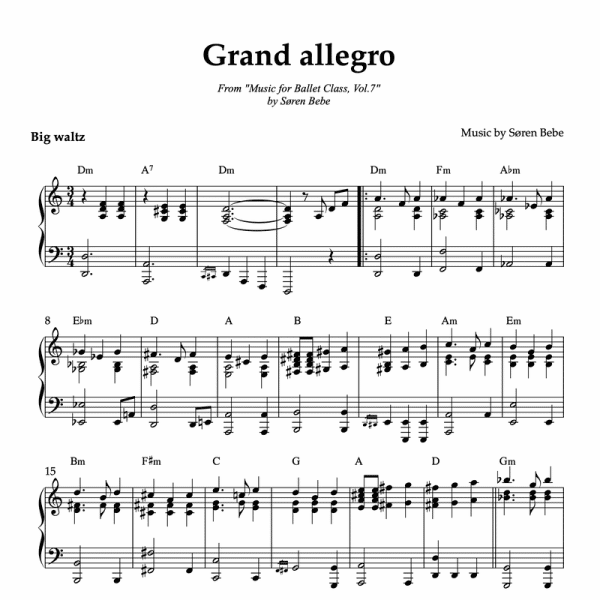 Sheet music for "Grand allegro" (PDF) | Track 21 from the album "Music for Ballet Class Vol.7" by Søren Bebe