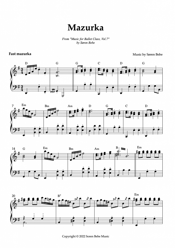 Sheet Music for "Music for Ballet Class Vol.7" by Søren Bebe